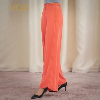 

VOA bright orange 40mm silk heavyweight elastic waist arch needle splicing loose casual tight legged pants for women K1086