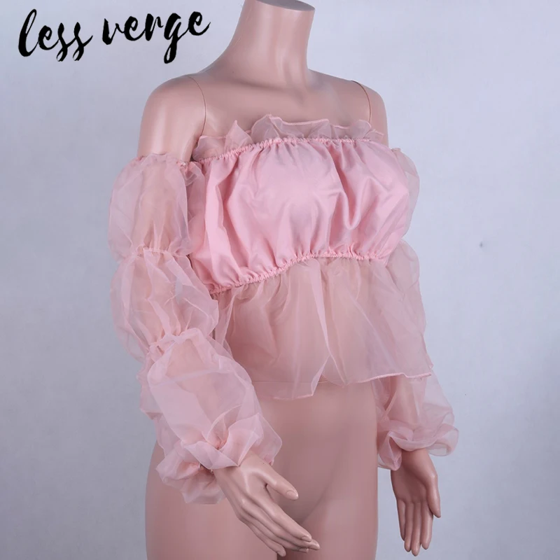 Lessverge, с открытыми плечами, с оборками, сетчатая белая блузка, рубашка, элегантные укороченные женские топы, с баской, сексуальные, розовые, на осень и зиму, blusas mujer