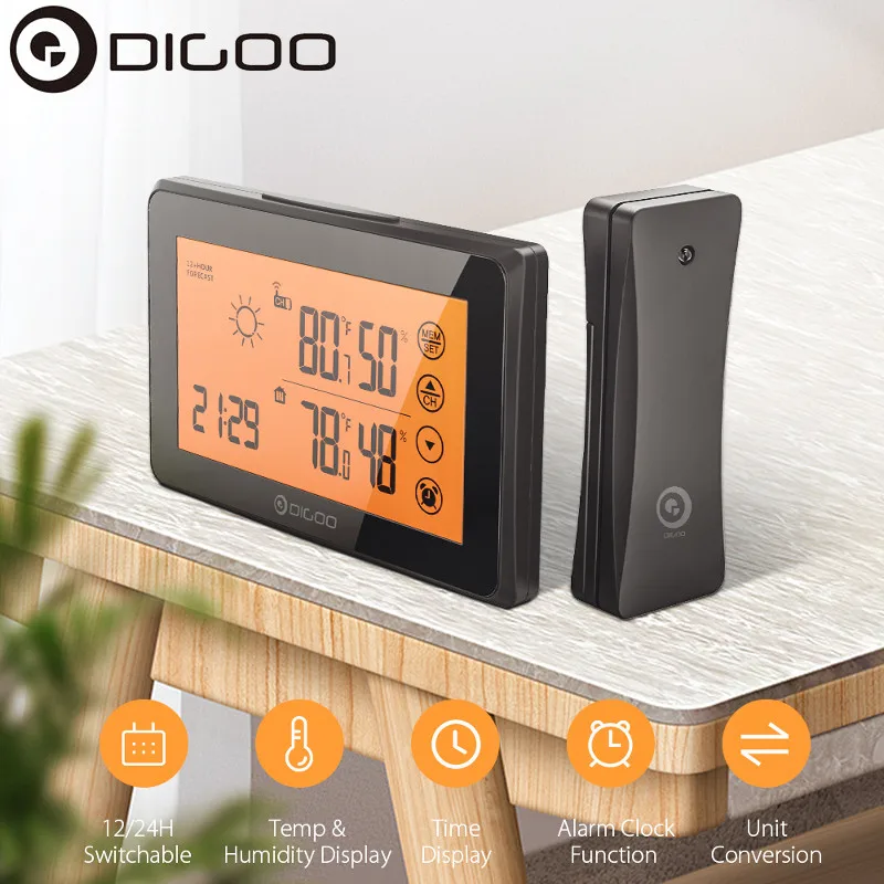 DIGOO домашняя метеостанция с цифровым сенсорным ЖК дисплеем + датчиком оранжевая