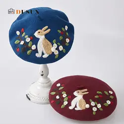 Милый ручной работы на заказ шерстяной берет Кролик Сад вышитый маляр шляпа для творческих женщин подарок на день рождения шляпы