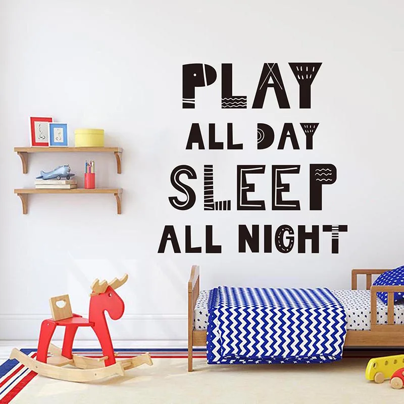 Scandinavian Play All Day Sleep All Tonight Wall Sticker Bedroom Kids Room Cartoon Play Sleep Quote Wall Decal Playroom Vinyl  (1)