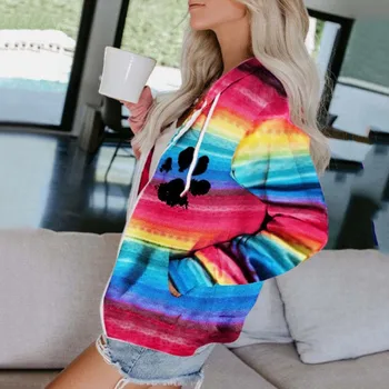 

Color Stripes Hoodies Plus Size Fashion Women Printing Hooded Zipper Pocket Long Sleeve Tops Shirt Sweatshirts Толстовка Женская