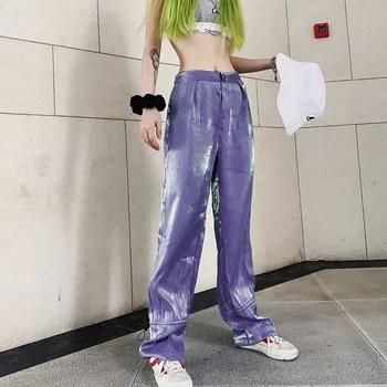 

Pants Women's solid high Waist Trousers loose Casual Pants streetwear blue cool women casual trousers Spring Summer Button