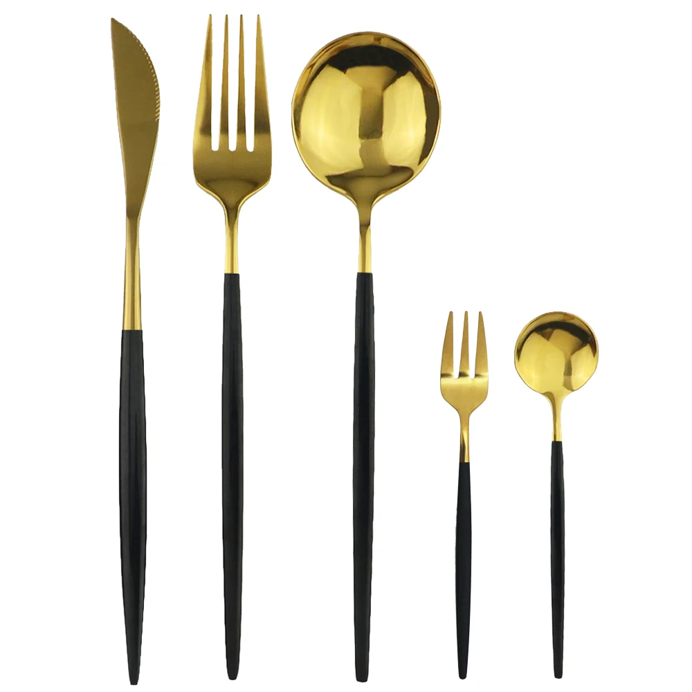 

5Pcs Black Gold Dinnerware Set Knife Fork Spoon Flatware Set Stainless Steel Tableware Set Kitchen Cutlery Fruit Fork Silverware