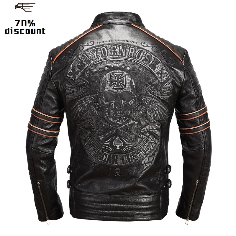 

2020 Men Black Skull Embroidery Leather Motorcycle Jacket Real Thick Cowhide Slim Fit XXXXL Russian Leather Coat FREE SHIPPING