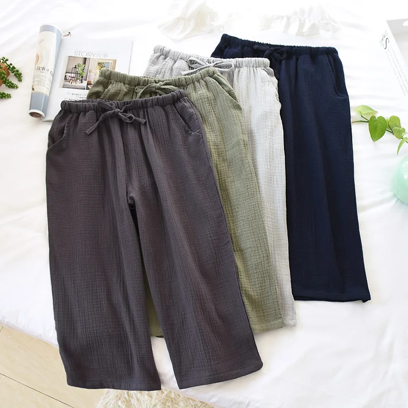 Summer Mens Sleeping Pants 100% Cotton Crepe Sleep Bottoms Solid Cropped Pants Elastic Band Sleep Shorts Loose Home Lounge Wear mens cotton pajama pants