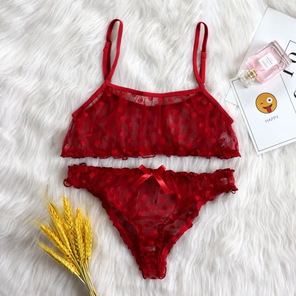 2pcs Transparent Sexy Intimates Set Polka Dot Decor Solid Sling Top Mesh Bra And Brief Erotic Apparel Sets women lingerie