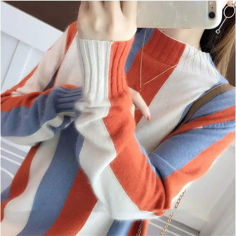 

Long Sleeve Striped Sweater Pullovers Winter Turtleneck Knitted Sweaters Women Pullover Basic Loose Casual Knitting Sweater