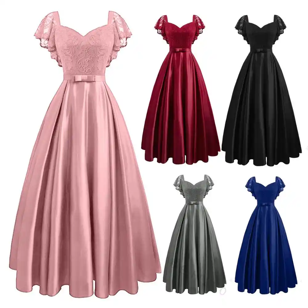 Satin Hollow Out Lace Long Party Dress 
