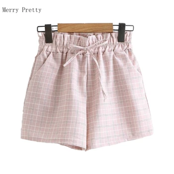 

Women Plaid Cotton Shorts With Pocket 2020 Summer New England Style Fashion Hight Waist Straight Shorts All Match Cargo Shorts