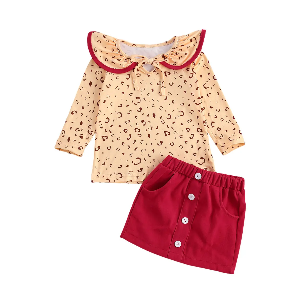 

Toddler Girls Fall Suit Outfits, Little Kids Long Sleeve Doll Collar Leopard Print Top + Mini Skirt Fashion 2Pcs Set Clothes
