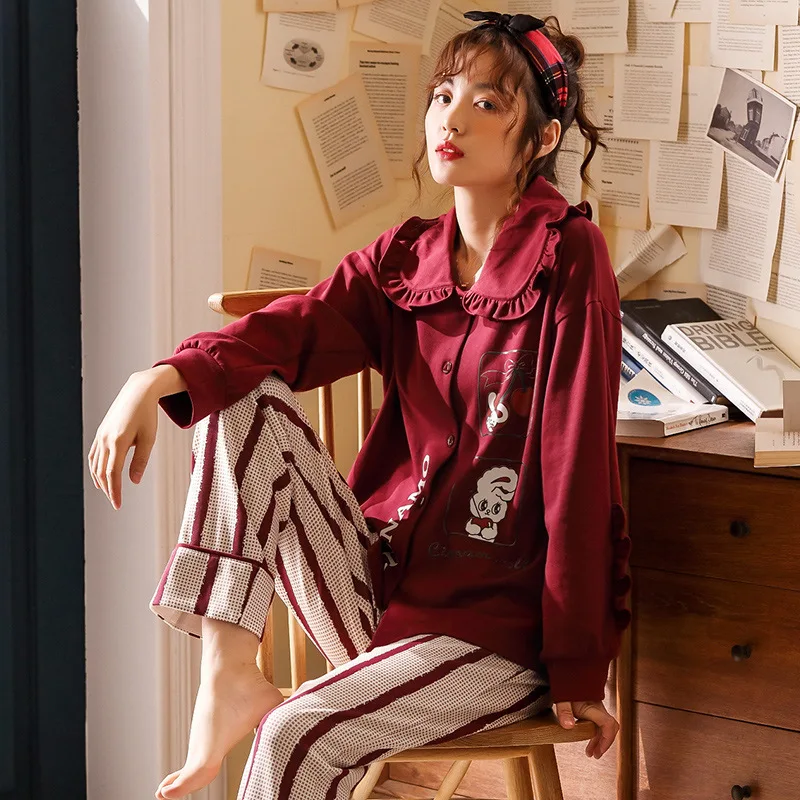 

Pajamas Women's Spring And Autumn Pure Cotton Korean-style Cardigan Tracksuit Sweet Long-sleeve Suit Students Long Sleeve Trouse