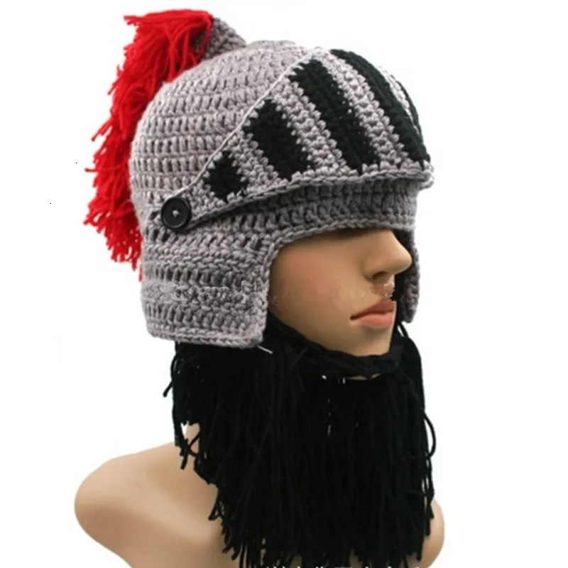 Красный вязаный шлем с кисточками для косплея римского рыцаря, мужские шапки, оригинальные теплые зимние шапки ручной работы с бородой, забавные вечерние шапки-бини
