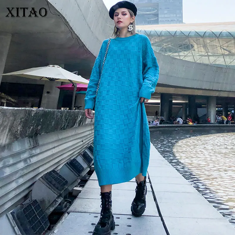 XITAO размера плюс длинный вязаный свитер в клетку женская одежда 2019 модный