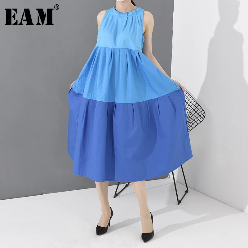 

[EAM] Women Contrast Color Pleated Stitch Dress New Round Neck Sleeveless Loose Fit Fashion Tide Spring Autumn 2020 JX640