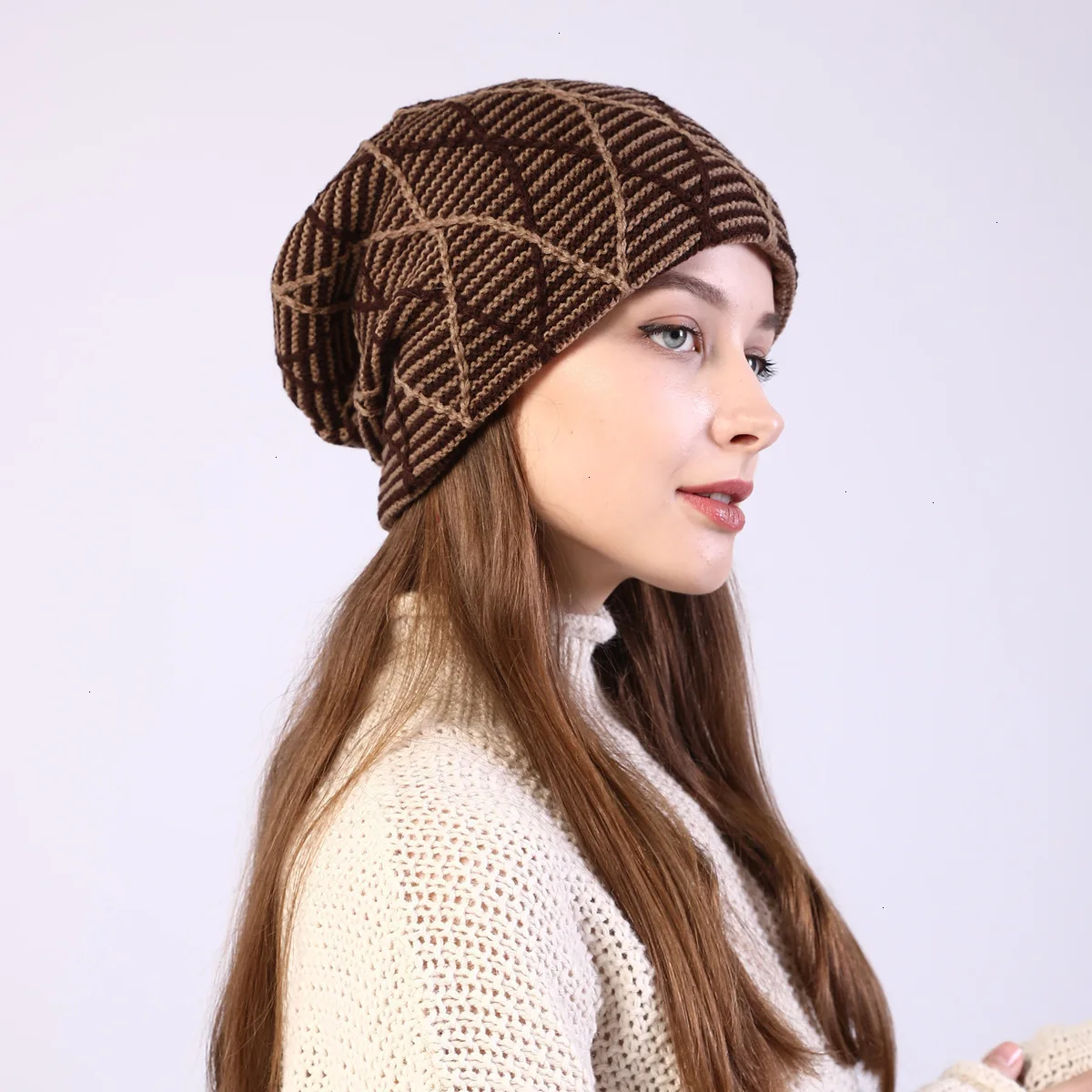 Male Ma'am Set Head Cap Color Mixing Grid Diamond Increase Down Knitting Wool Hat Earmuffs Heap Hat