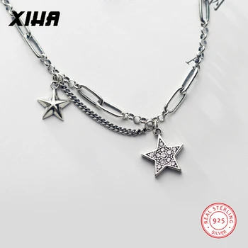 

XIHA 925 Sterling Silver Star Choker Necklace Women Link Chain Cubic Zirconia Pendant Necklaces Ladies Korean Style Jewelry