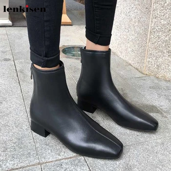 

Lenkisen classic simple genuine leather med heels square toe back zipper solid daily wear winter keep warm women ankle boots L07