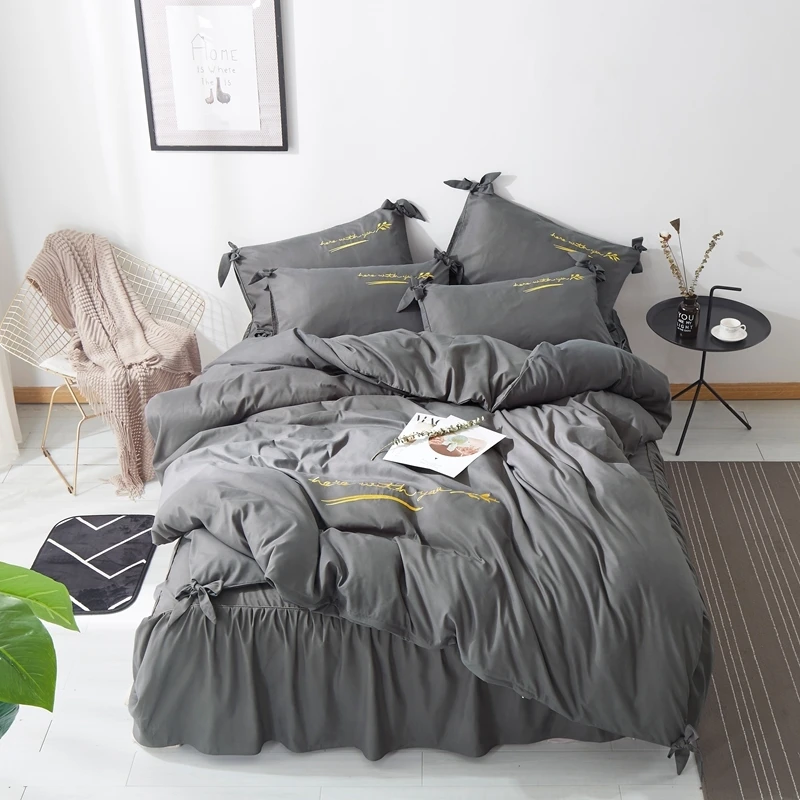 

4pcs Grey Bedding Set Solid Color Bed Skirt Embroidered Soft Flat Sheet Princess Bed Spread Bed Cover Quilt Cover Queen Size