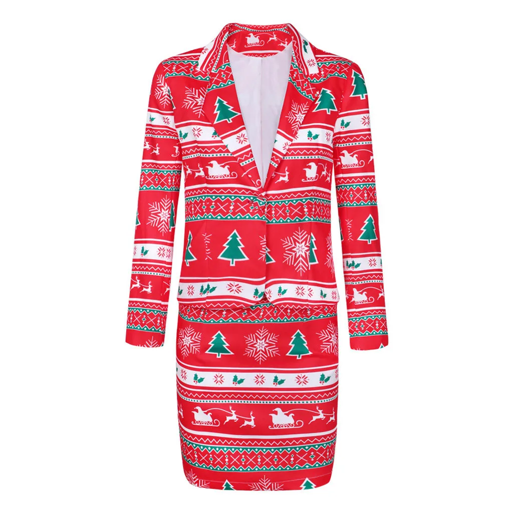 Red Christmas Two Piece Set Women Print Skirt Set Pink Suit Sexy Outfits Top And Skirt Fashion Femme Winter Festival Clothing 19Oct - Цвет: Red