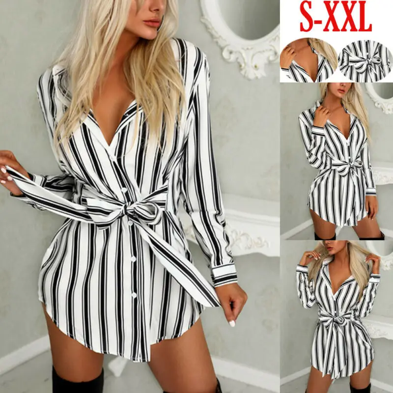 

Hot 2019 Sexy Women's Summer Long Shirt Belt Long Sleeve Striped Casual Party Mini Dress Straight V-Neck Ladies Tops Plus Size