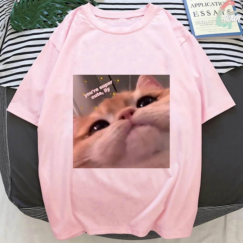 Summer 2020 Pink Kpop Blouse Women Kawaii Cute Cat Love Blouses Harajuku Short Sleeve Vogue Streetwear Blusas Casual Women Tops