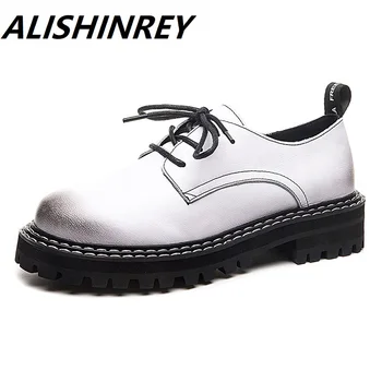 

ALISHINREY 2020 New Spring British Style Student Shoes Wild Thick Women Shoes Genuine Leather Laces Up Ladies Oxford Shoes