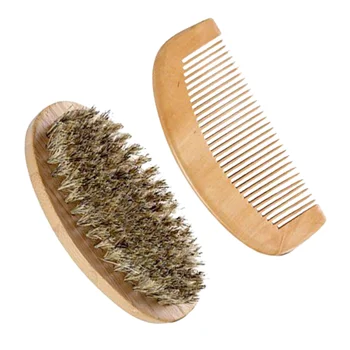 

2Pcs Beard Brush Comb Set Soft Beech Handle Primary Color Boar Bristle Mustache Brush Shaving Brush for Male