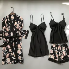 Женское летнее принтованное ночное белье на бретельках, ночная рубашка с длинным рукавом и подушечкой на груди, Сексуальная лед шелковая пижама, повседневный халат, набор из 4 предметов