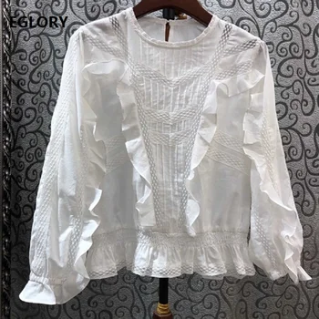 

100%Cotton Tops 2020 Spring Summer Fashion Blouses Women O-Neck Crochet Embroidery Long Sleeve Ruffle Tops Blouse White Black
