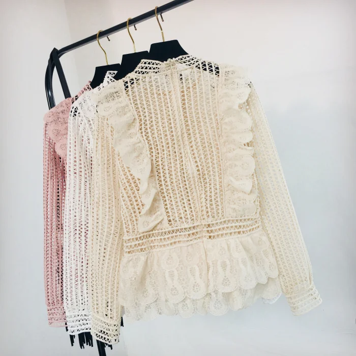 Neploe, облегающий пуловер, кружевная блузка в стиле пэчворк, Элегантная блузка с оборками и крючками в виде цветка, сексуальная открытая рубашка с круглым вырезом и длинным рукавом 47738