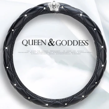 

Fashion Women PU Leather Car Steering Wheel Covers Crystal Crown Auto Steering Pads Protector for Lady Girls Car Accessories