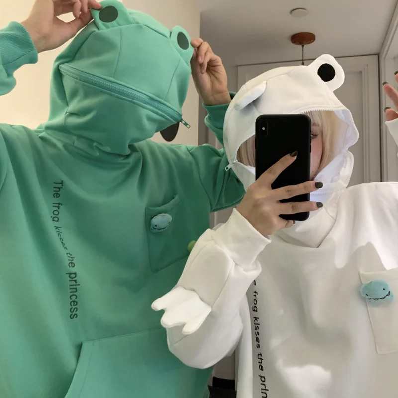 Sudadera con capucha de rana para mujer, ropa de calle Kawaii Harajuku gruesa con letras bordadas, de terciopelo, de gran tamaño, para Navidad