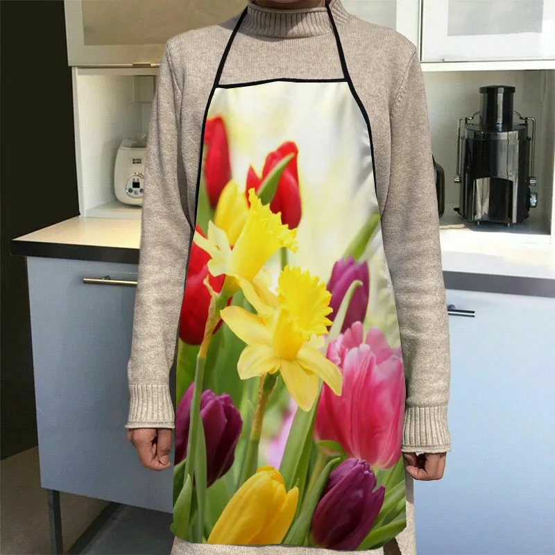 

Custom Tulips Pattern Kitchen Apron Dinner Party Cooking Apron Adult Baking Accessories Waterproof Fabric Printed Cleaning Tools