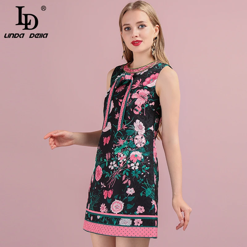 LD Linda della мода взлетно-посадочной полосы осенняя винтажная жилетка платье Для женщин без рукавов Цветочный принт с бантом; женские стильные различные модели