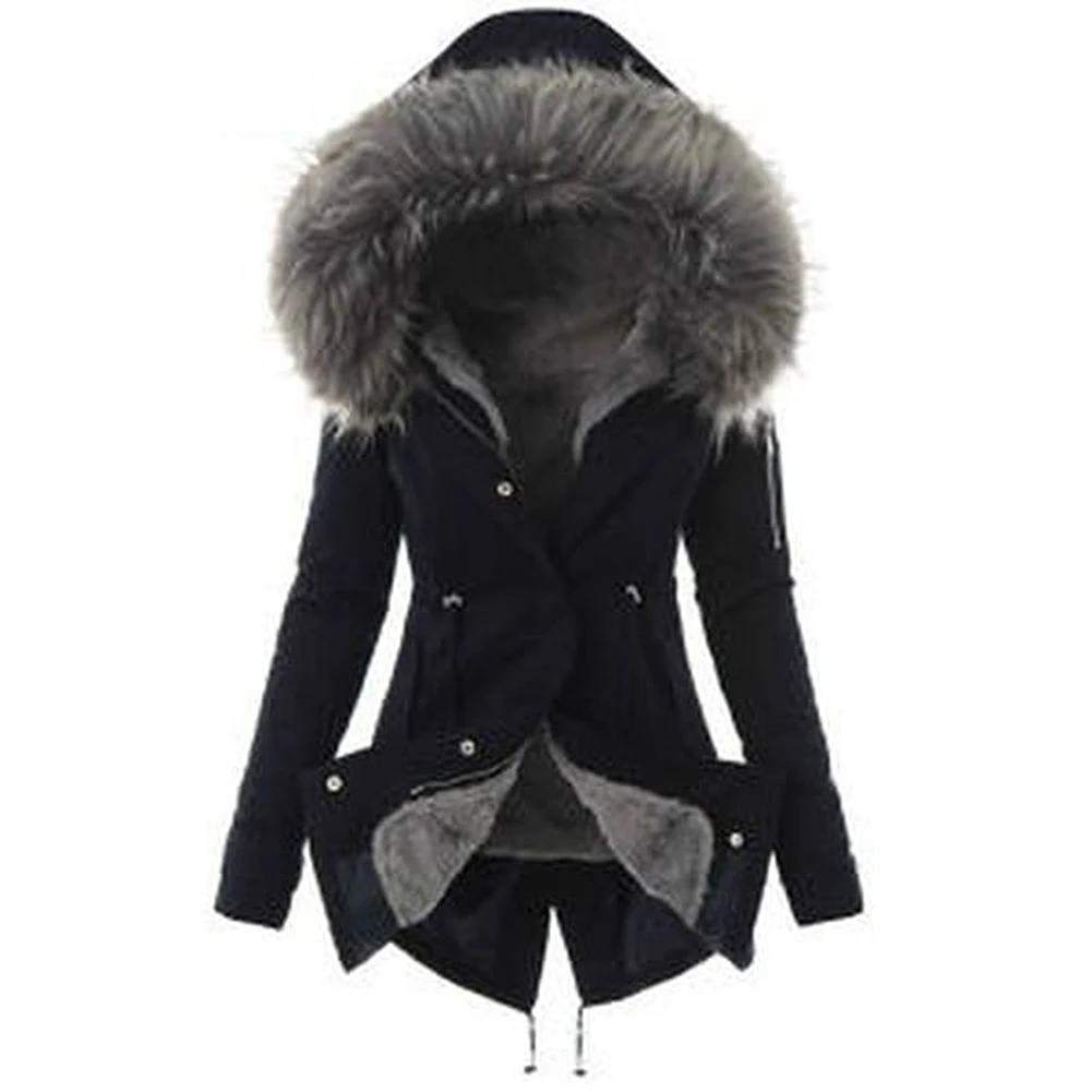Модная зимняя женская парка, теплая куртка с длинным рукавом, меховая толстовка с капюшоном, стеганая парка, верхняя одежда, черный, красный, серый манто, Женская куртка