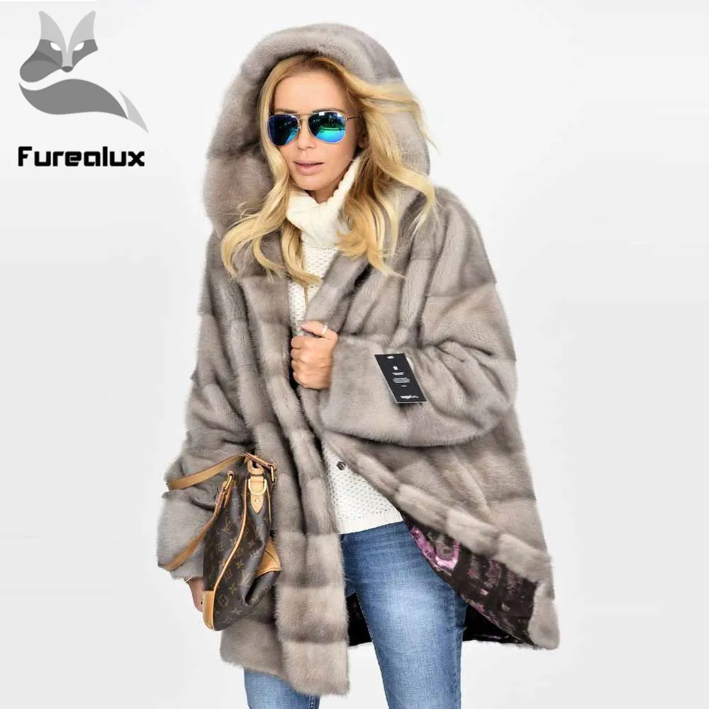 Furealux, модные женские пальто из натурального меха норки, Толстая теплая зимняя меховая куртка, верхняя одежда, парка для женщин, натуральная кожа