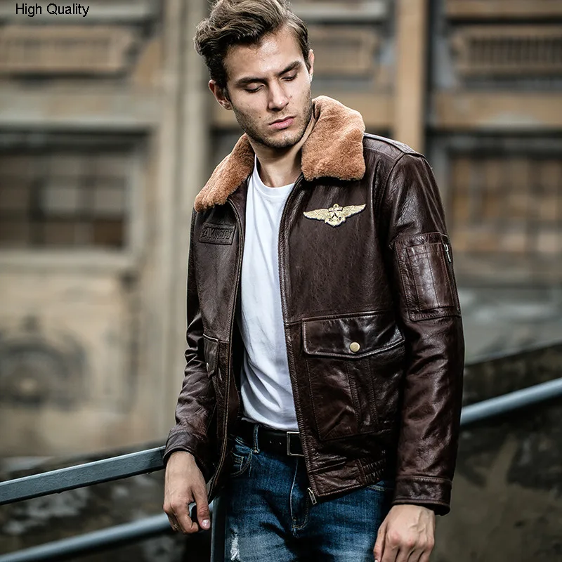 

fly jacket men's genuine leather jacket with fur collar real cowskin leather bomber jacket men winter leather coat