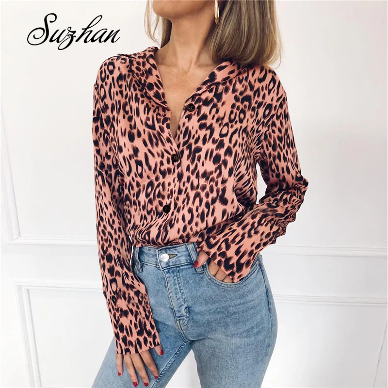 

Suzhan 2019 Women Chiffon Blouses Shirts Long Sleeve V-Neck Leopard Print Office Lady Shirt Casual Tops Plus Size Autumn Fashion