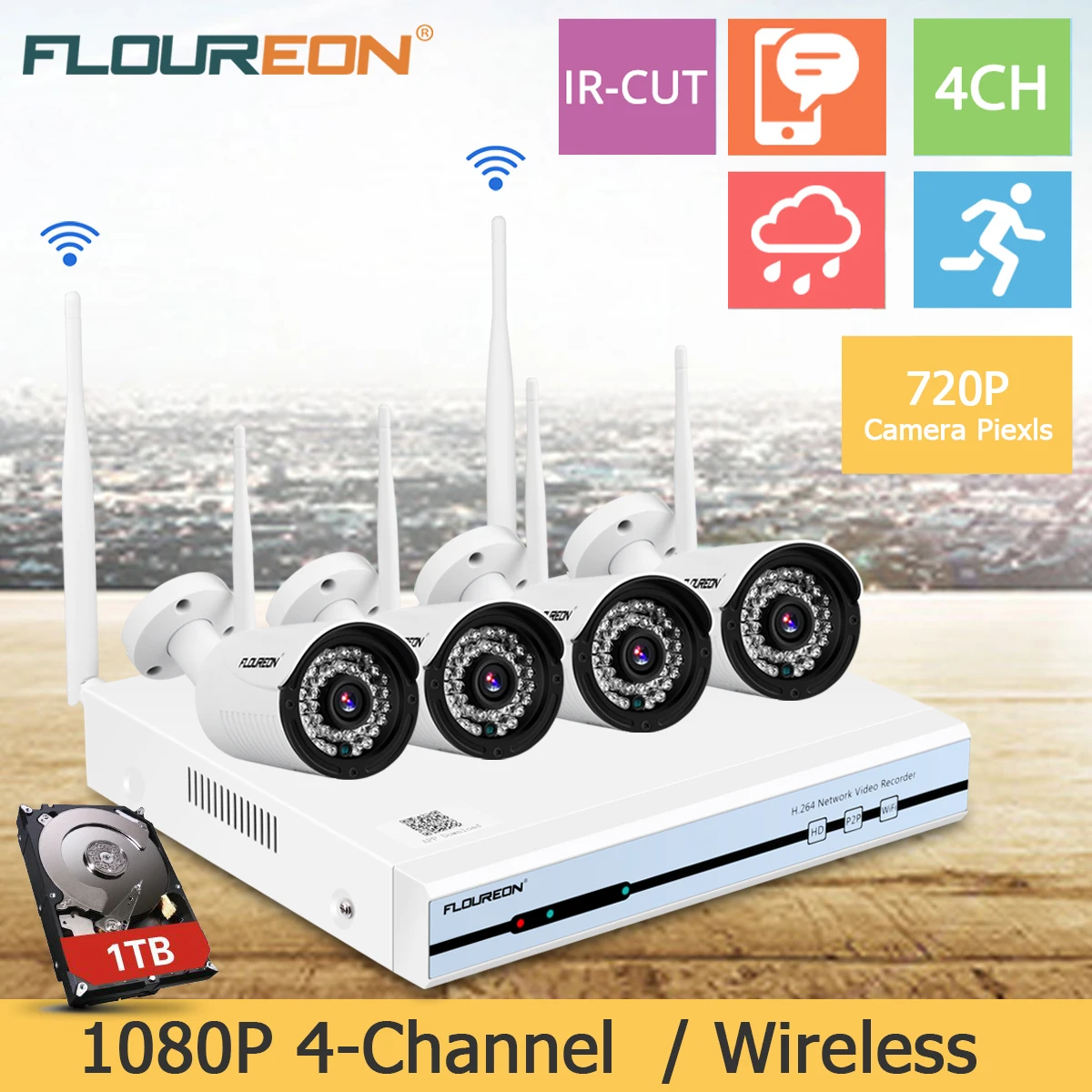 Floureon 4CH Беспроводной CCTV 1080P DVR комплект Открытый Wi-Fi беспроводной локальной сети 720P IP Камера 1 ТБ HDDSecurity видео Регистраторы NVR Системы ЕС