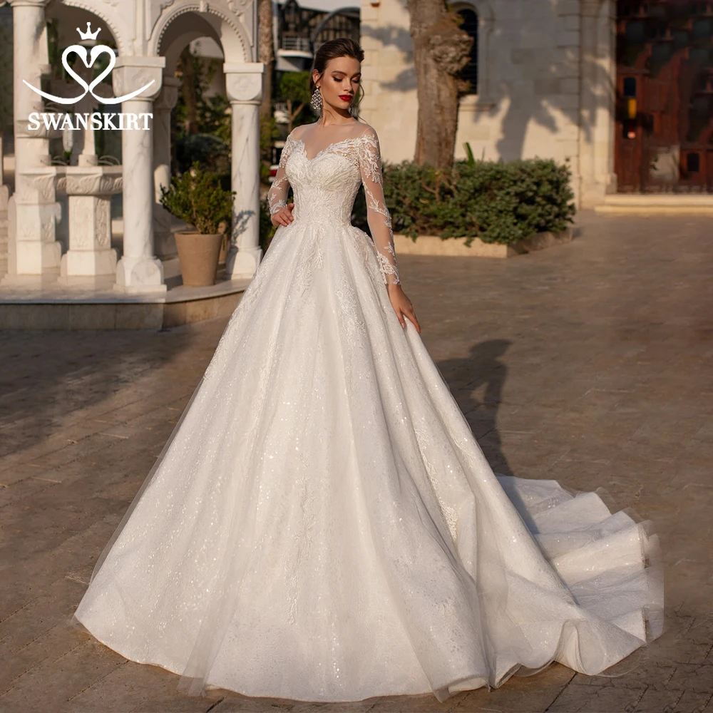 

Stunning Appliques Wedding Dress Sweetheart Long Sleeve A-Line Customized Princess Vestido de novia Swanskirt S110 Bridal Gown
