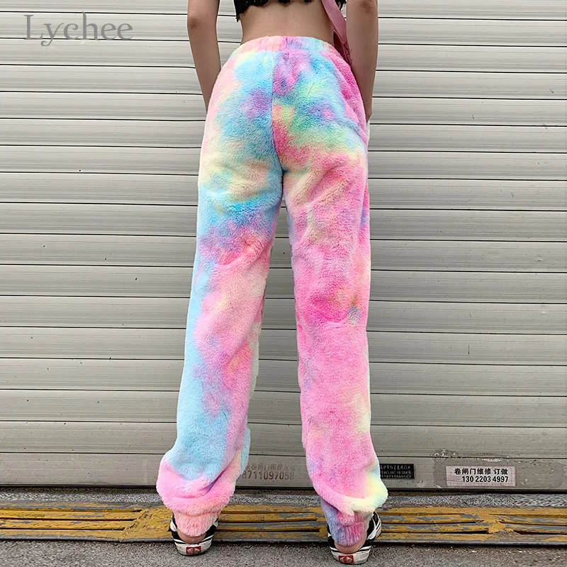 Lychee Harajuku/радужные Женские повседневные штаны для бега, теплые женские брюки с эластичной резинкой на талии, свободные зимние женские штаны с высокой талией