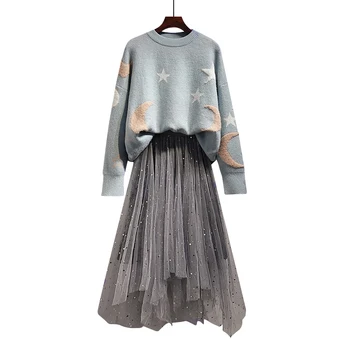 

Big Yards Size L -4xl Women Pullover Sweaters & Long Pleated Gauze Skirt New Autumn Winter Sweaters Net Veil Outfit Leisure Set