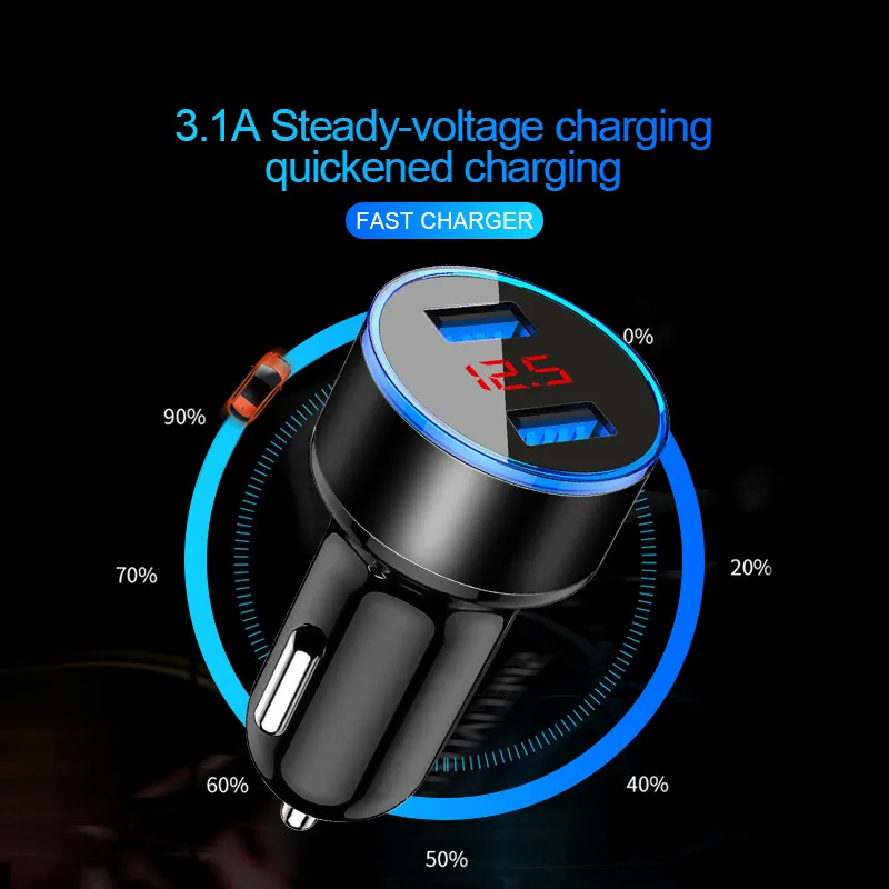 Acgicea Car Charger For Cigarette Smart Phone USB Adapter Mobile Phone Charger Dual USB Digital Display Voltmeter Fast Charging 5v 1a usb