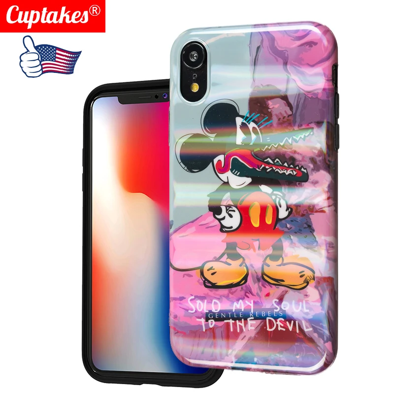 

Cute Laser Sparkle Soft Silicone Case for iPhone 6 6S 7 8 Plus XR X XS Max Cover Cartoon Evil Duck Hip hop Street Graffiti Spoof