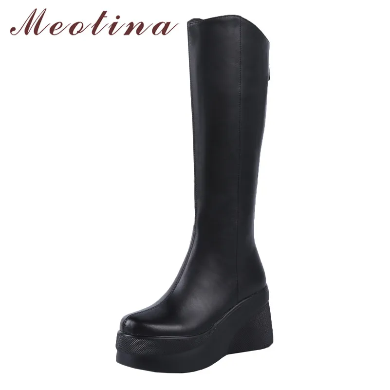 

Meotina Winter Knee High Boots Women Natural Genuine Leather Platform Wedge Heel Long Boots Zip Super High Heel Shoes Lady Fall