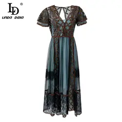 LD Linda della осень мода взлетно-посадочной Винтаж платье Для женщин V образным вырезом Высокая талия с верхним слоем из сетки с вышивкой платье