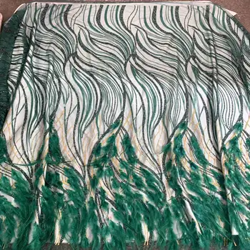 

Green Feather 2020 Newest african glitter lace fabric for party dress 5yard/lot embroidered tulle lace with glued glitter mv276