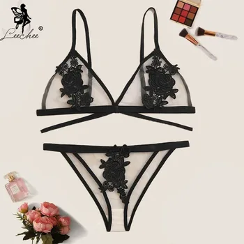 

Leechee New Sexy Bra set Women Embroidered Applique Lingerie set Mesh See Through Brassiere+Thong set Sexy Three-Point Lingerie