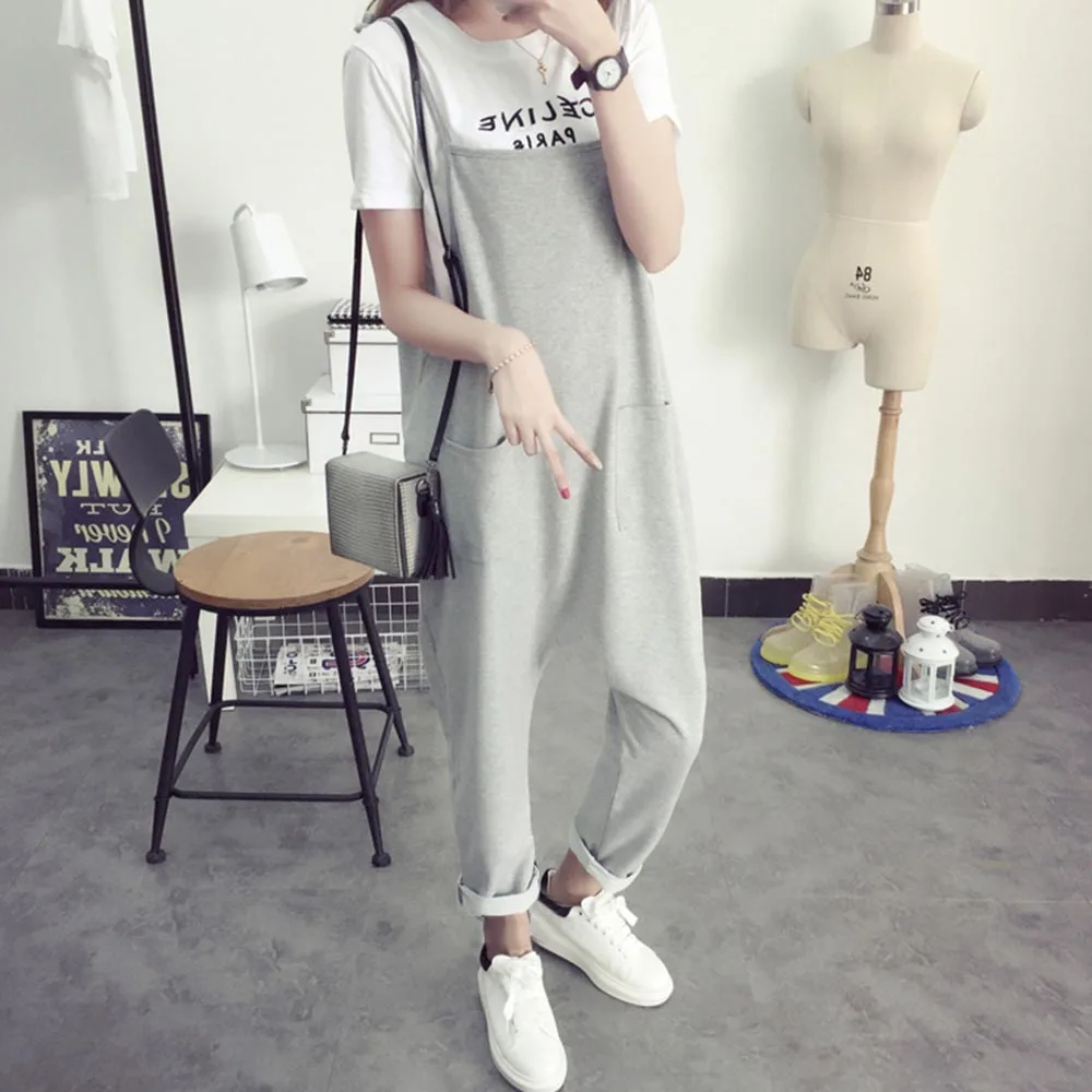 Pants Maternity Clothings Pregnant casual loose outer wear maternity jumpsuit cotton+nylon gray,black Long women bib pants